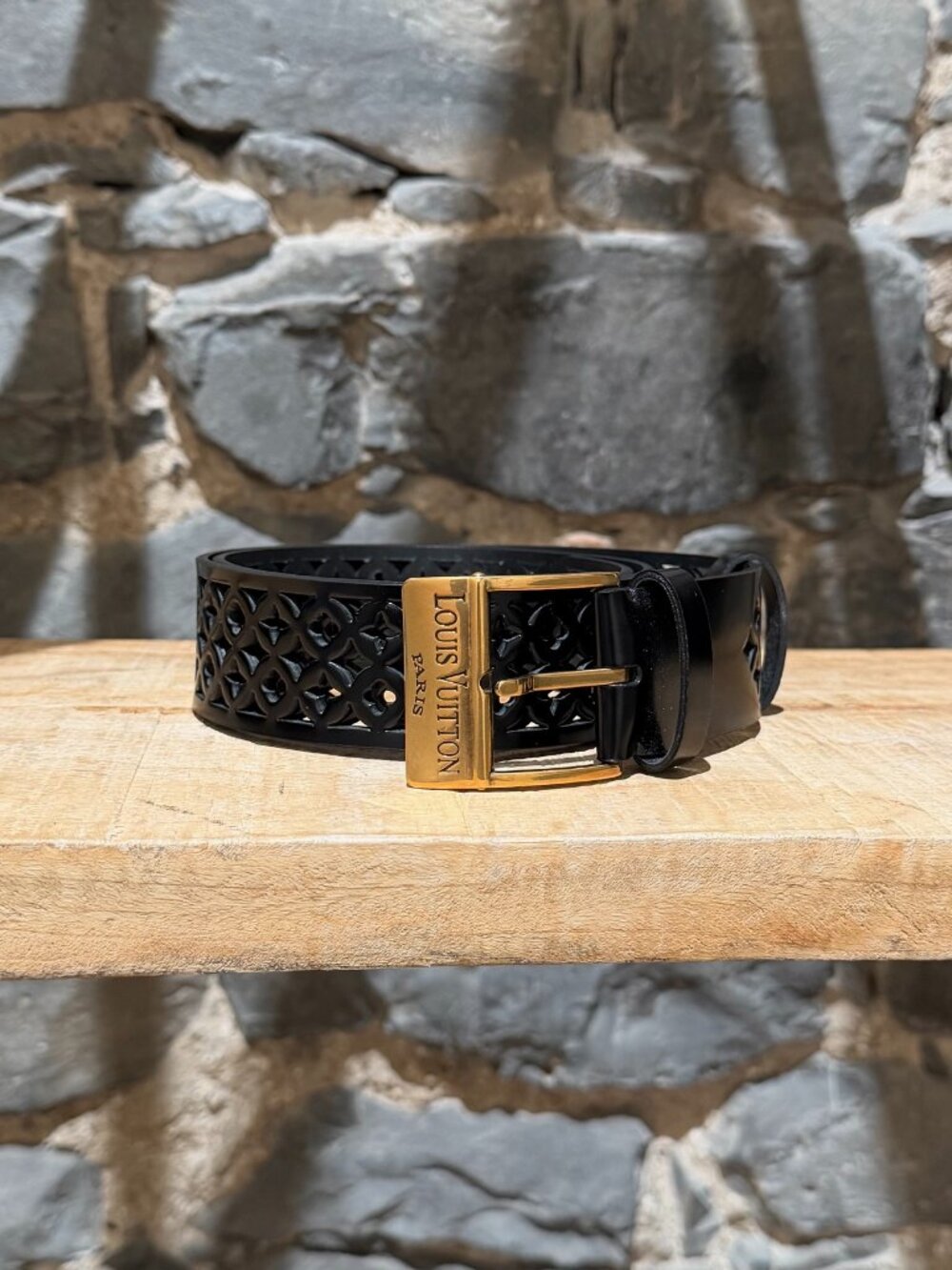 Louis Vuitton 2011 Black Leather Laser Cut Flower Belt